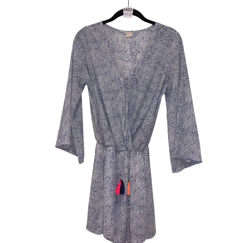 Romper, V-neck, Long Sleeve, Tie Front, Sure Gypsy, M, Blue, White